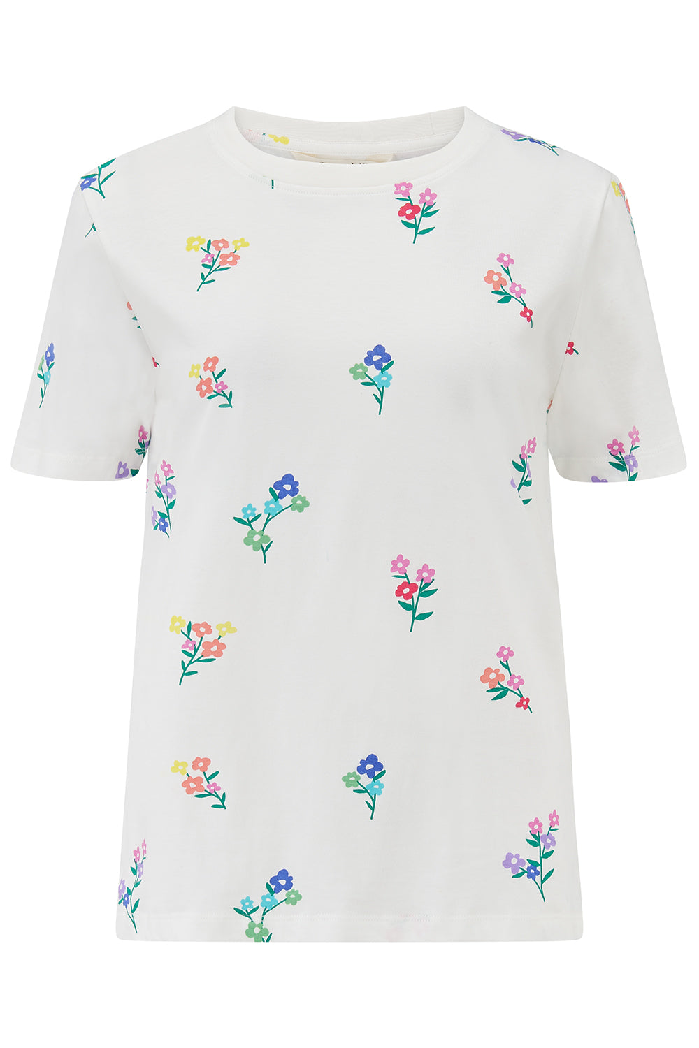An off-white t-shirt with a pattern of small, colorful floral sprigs.