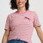 Woman wearing a pink and green striped t-shirt with a logo on a white background