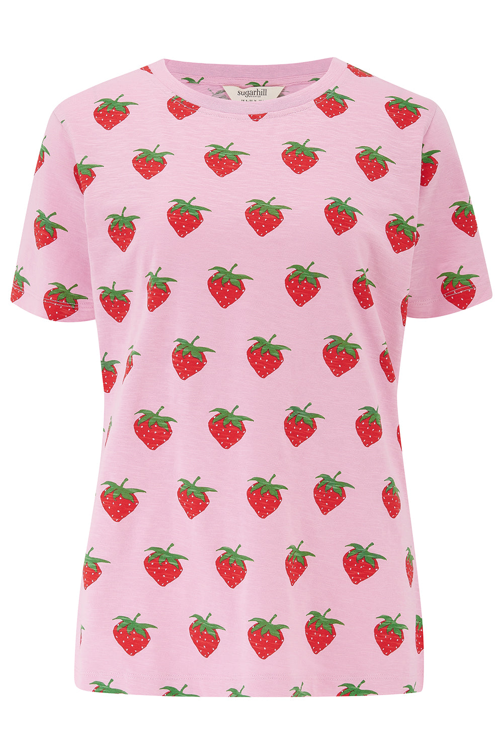 Pink t-shirt with strawberry pattern on a white background