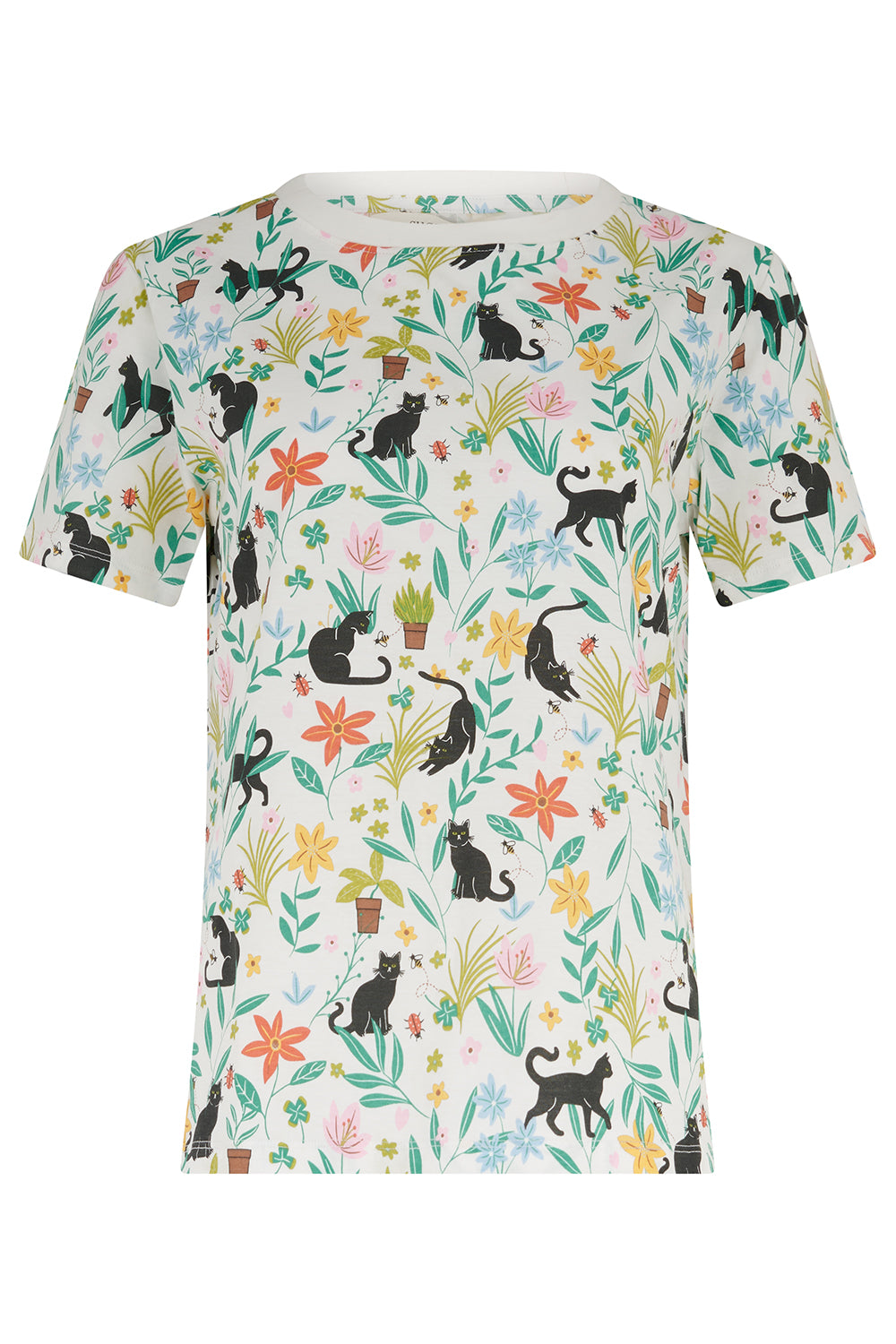 T-shirt with black cat and floral pattern on a white background