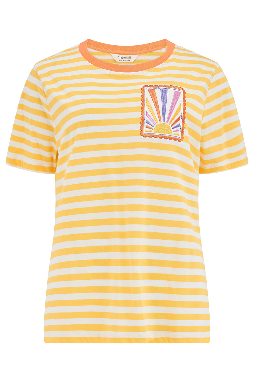Yellow and white striped t-shirt with a colorful pocket design on a white background