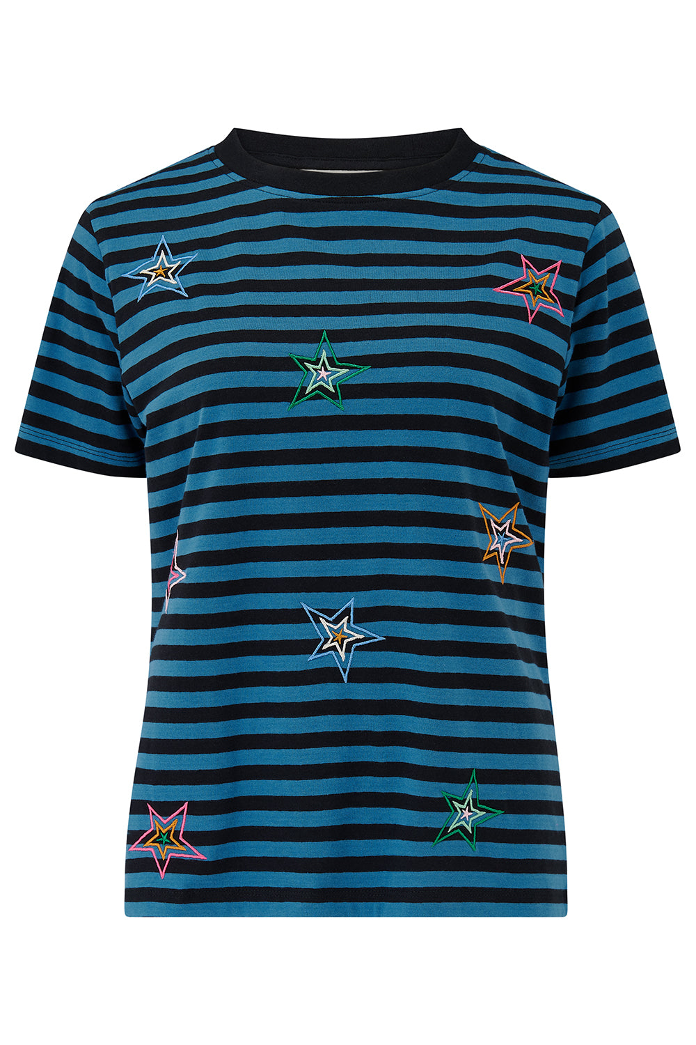 Blue and black striped t-shirt with colorful star patterns on a white background