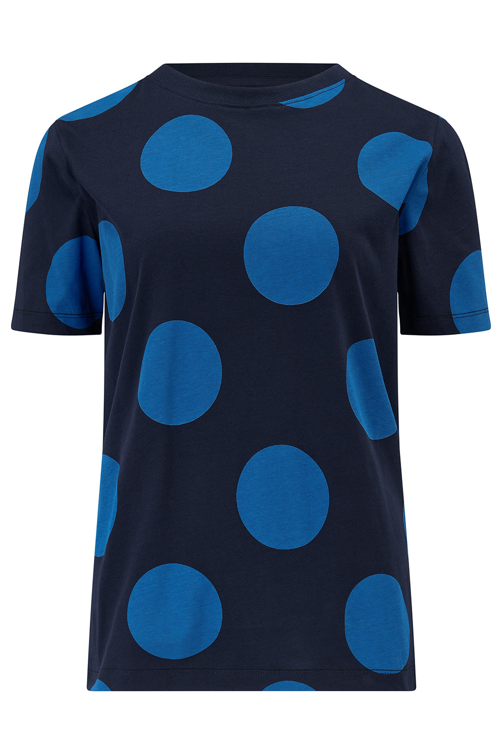 Navy blue t-shirt with large blue polka dots on a white background