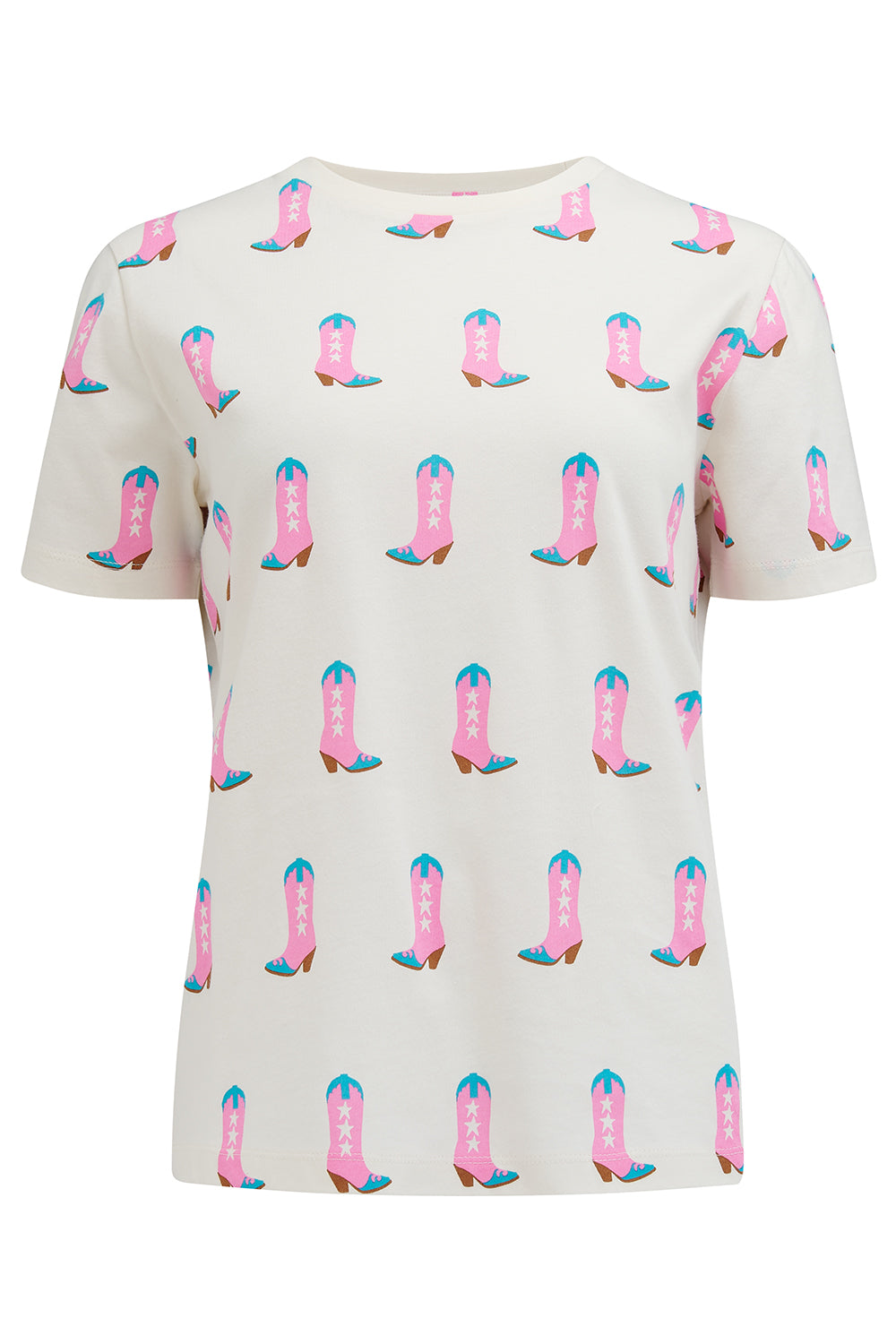 An off-white t-shirt with a pattern of cowgirl boots in pink and blue