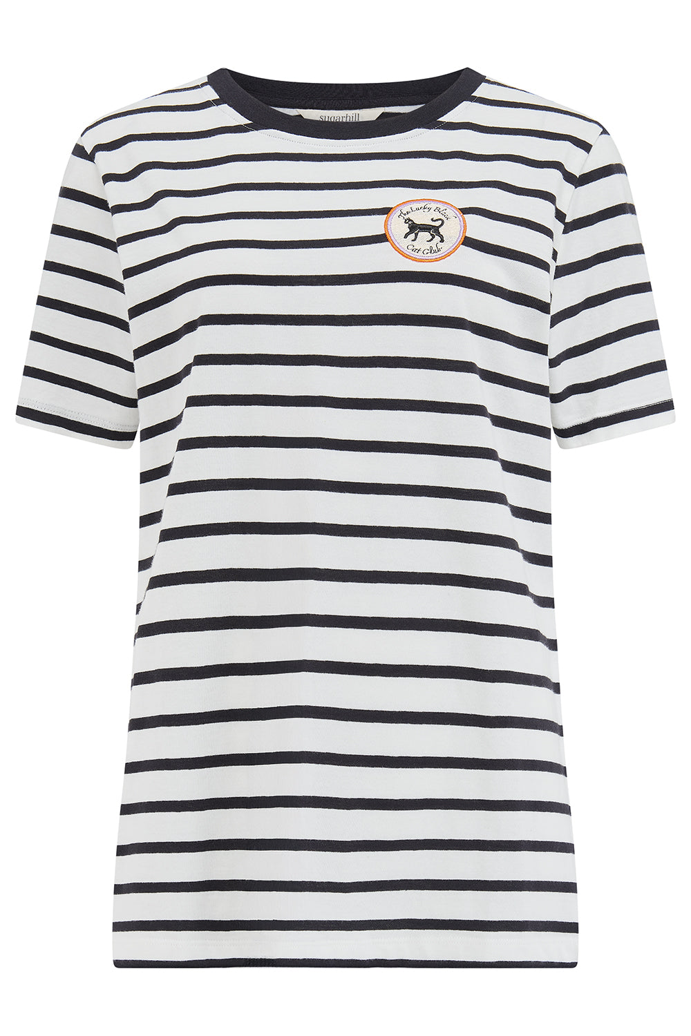 Striped t-shirt with a small logo on a white background