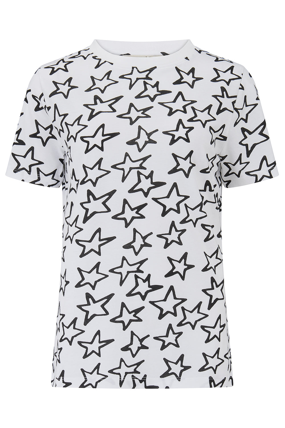 White t-shirt with black star pattern on a white background