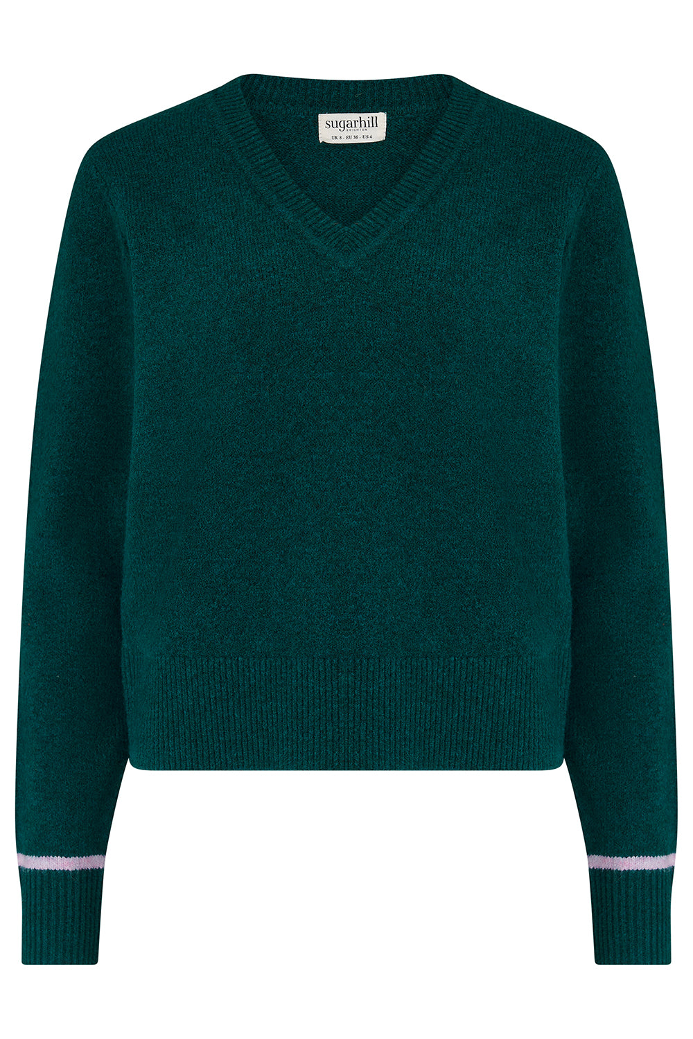 Green sweater with white trim on a white background