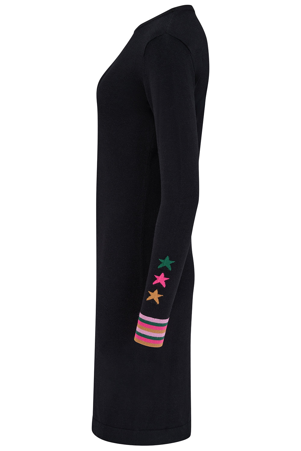 Black dress with colorful star patterns on sleeves against a white background