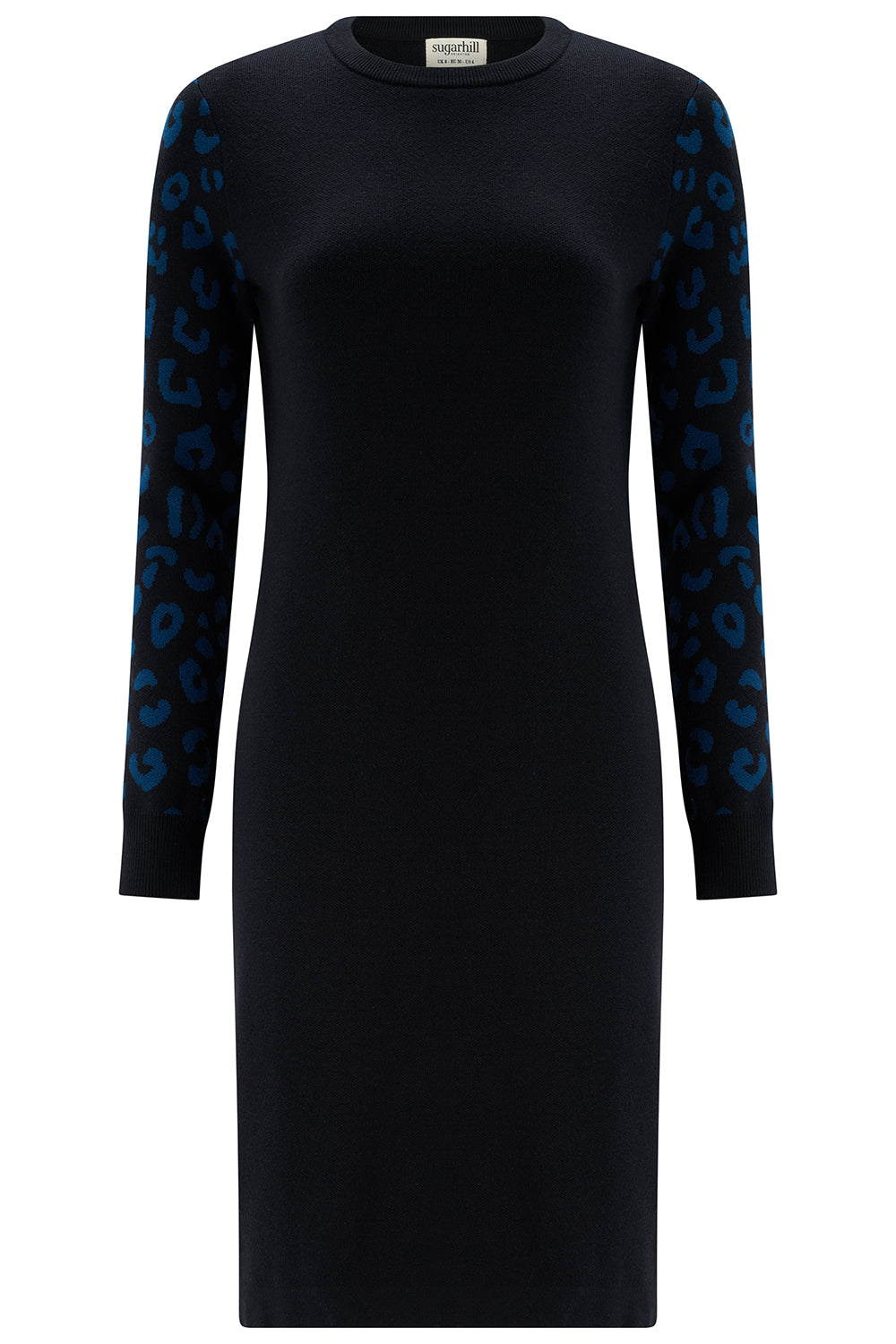 Black dress with blue patterned sleeves on a white background