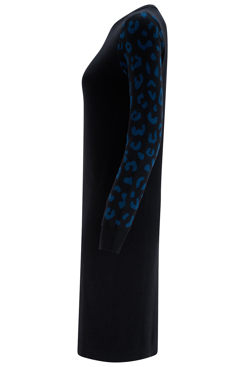 Black dress with blue leopard print sleeves on a white background
