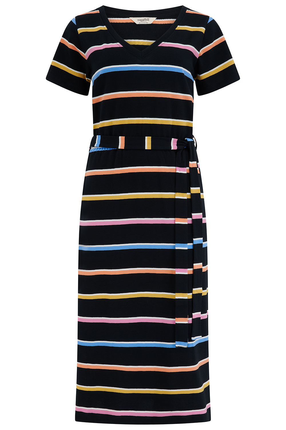 Black dress with colorful horizontal stripes on a white background
