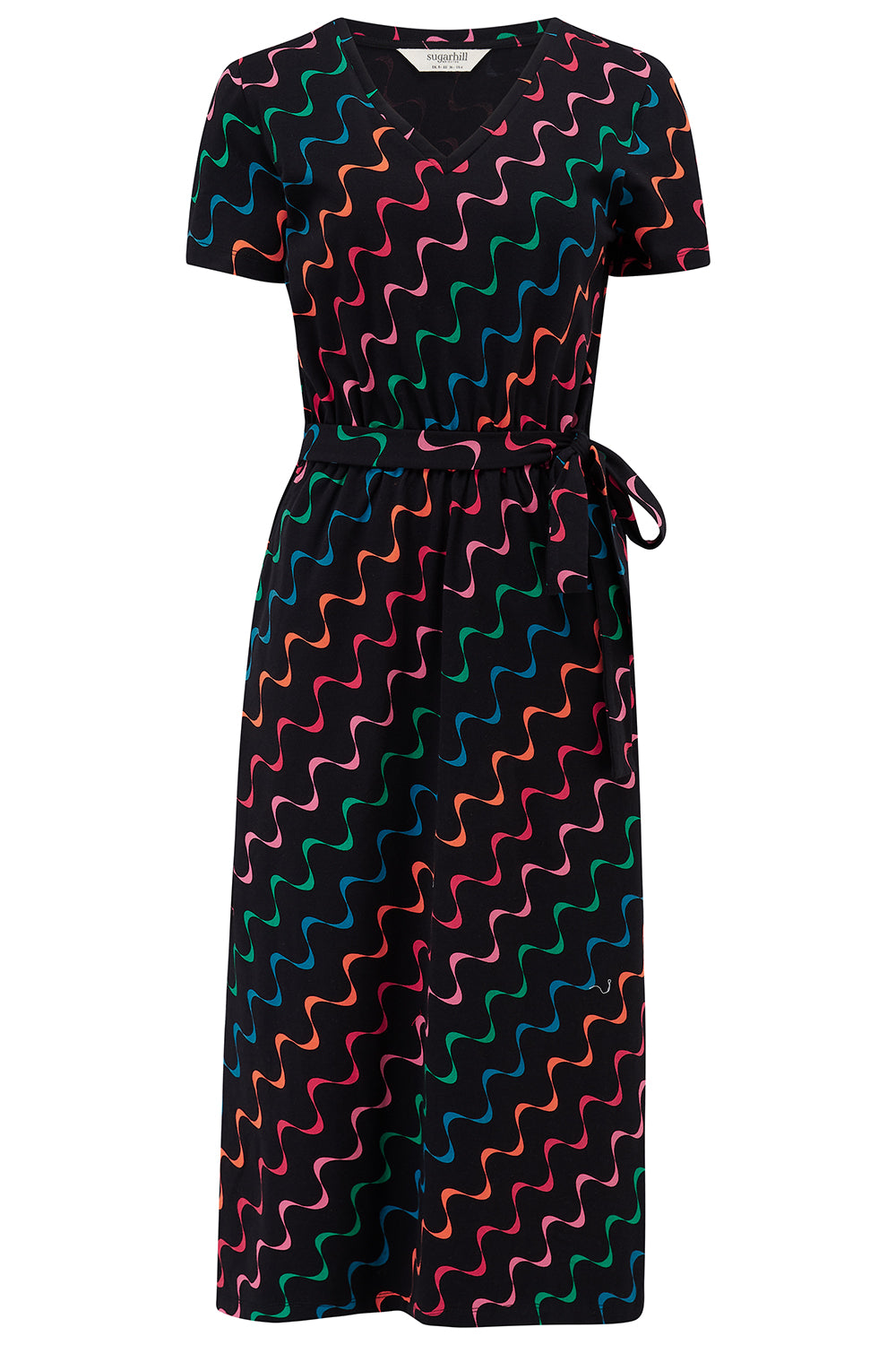 A midi-length jersey dress with a V-neck, tie belt, and undulating multicoloured wave print. The dress is primarily black with red, pink, green, blue, and orange patterns.
