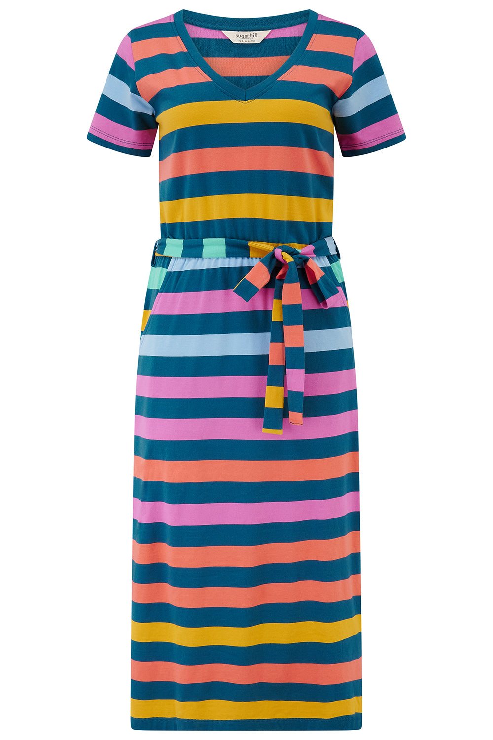 Colorful striped dress with a tie waist on a white background