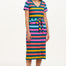 A model wearing a midi-length V-neck dress with stripes in green and other colors, featuring a matching tie belt.