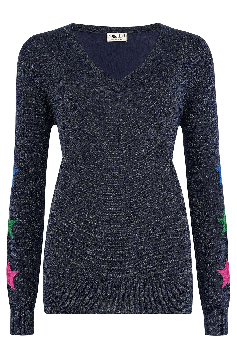 A navy blue long-sleeve V-neck knit sweater with colorful embroidered star patterns on the sleeves, shown against a plain white background.