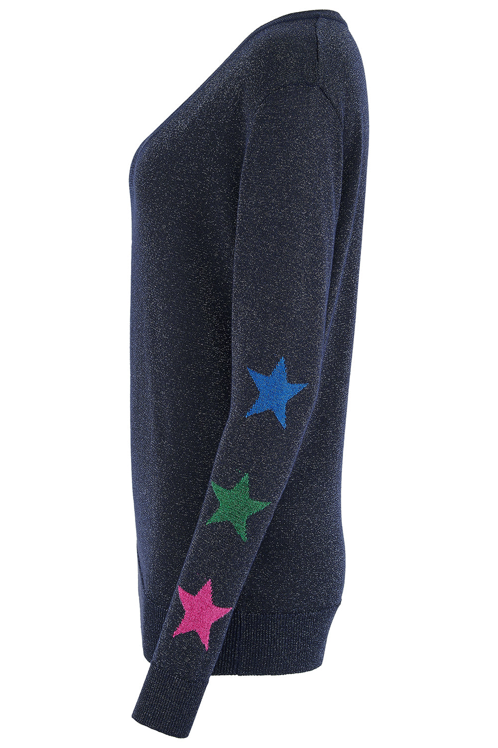 A navy blue knit sweater shown from the side, featuring three colorful knit stars in blue, green, and pink along the lower sleeve.