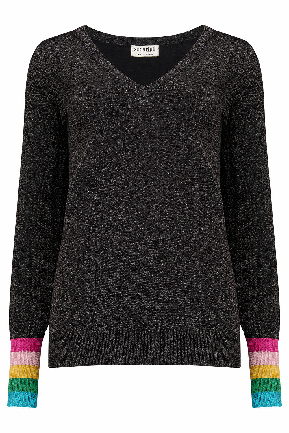 A black V-neck jumper with sparkle cuffs and a colourful striped scarf. 