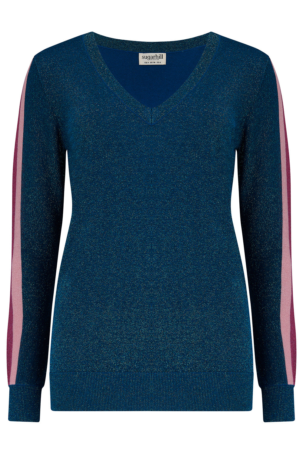 Blue sweater with pink stripes on sleeves on a white background