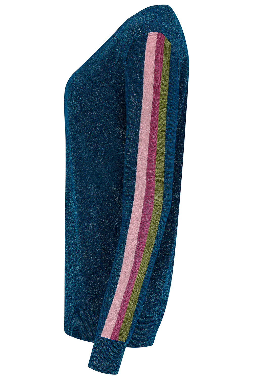 Blue sweater with colorful stripes on a white background