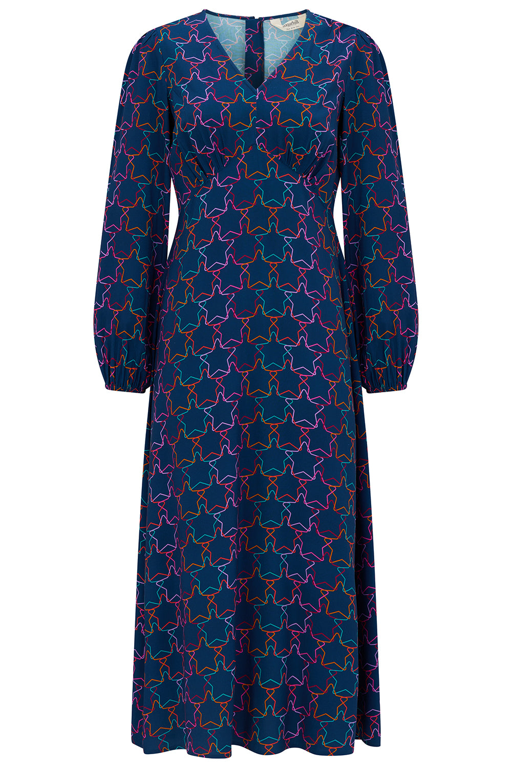 Long-sleeve dress with a colorful geometric pattern on a white background