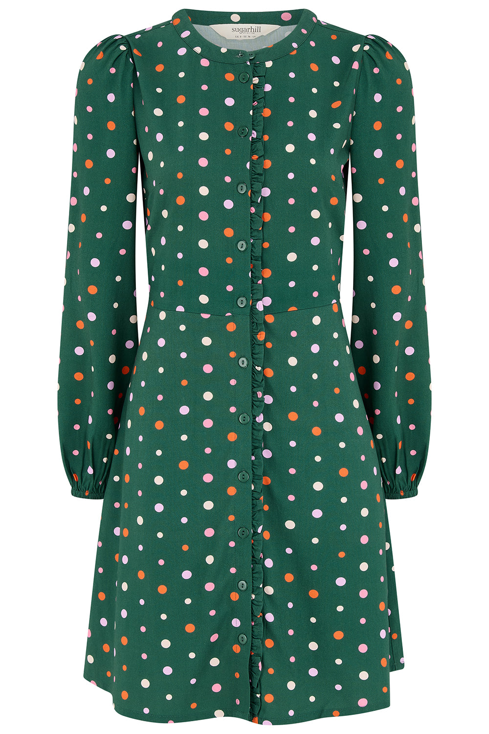 A green long-sleeve button-front dress with an allover multicolor polka dot pattern, featuring puffed shoulders and a round neckline, shown against a plain white background.