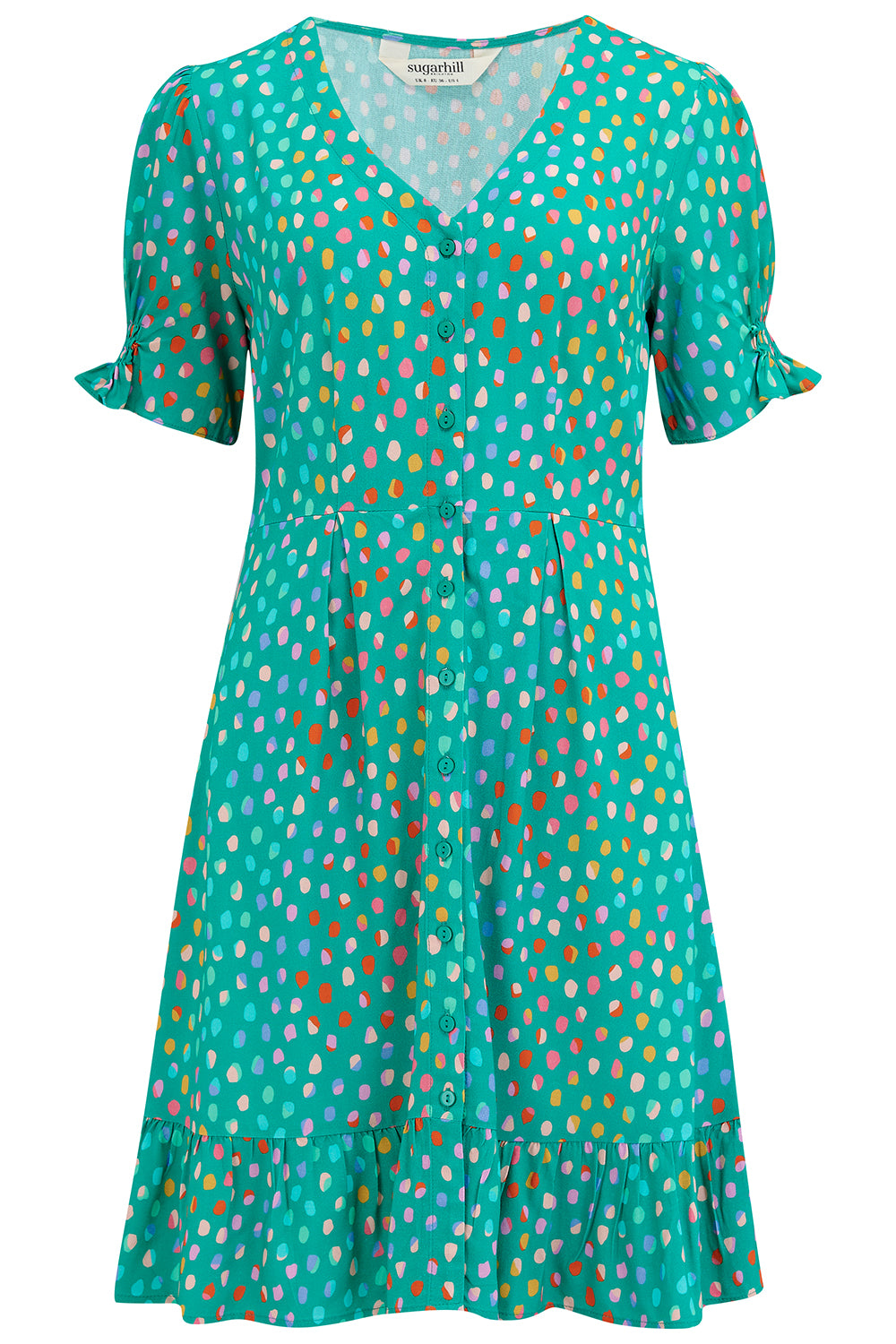 A green mini dress with a pattern of rainbow pebbles, featuring a V-neckline, puff sleeves, and a frill hem.