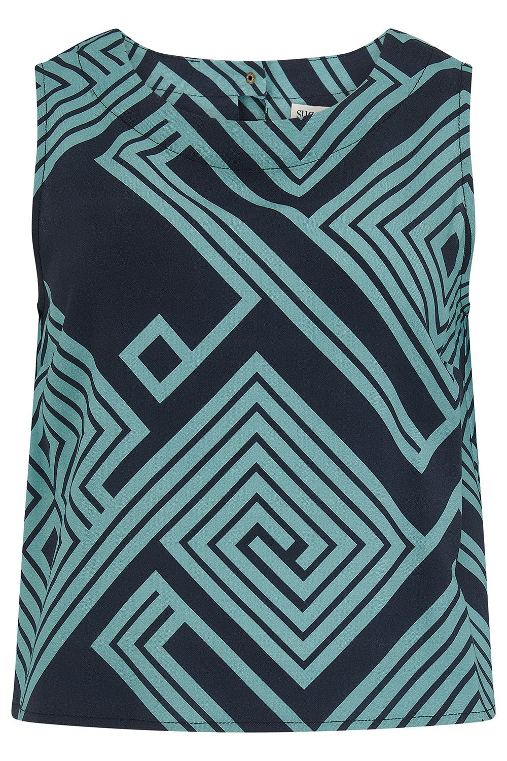 Sleeveless top with geometric pattern on a plain background