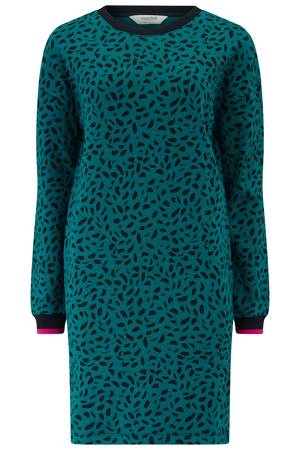 Sugarhill Brighton teal dress with black pattern on a white background