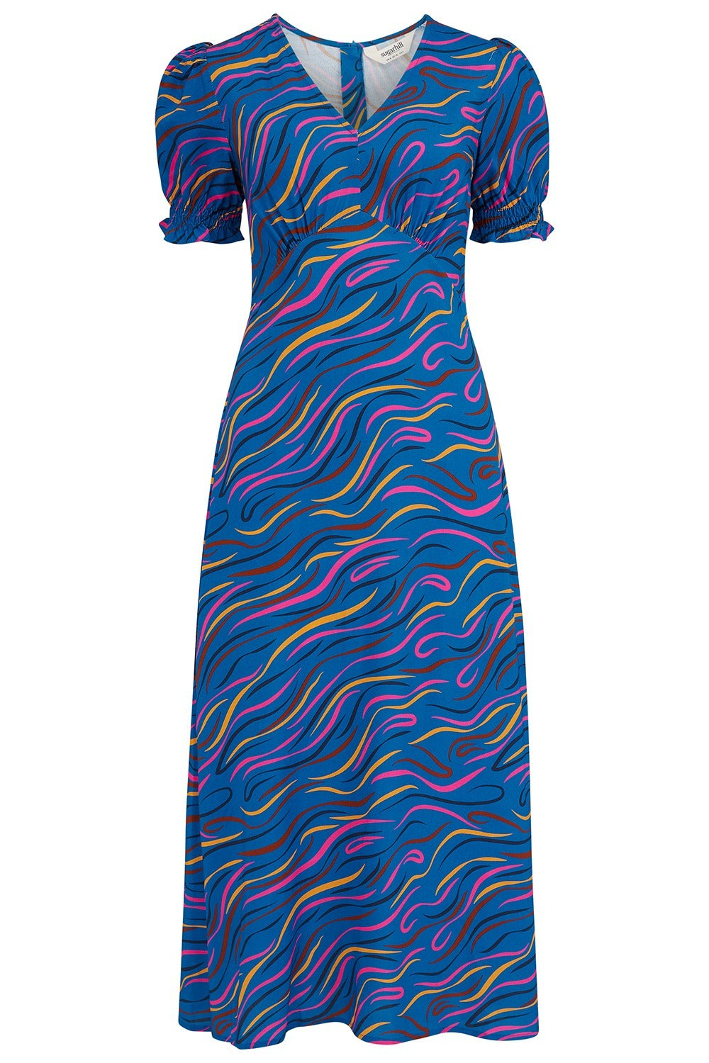 Blue dress with colorful wavy pattern on a white background