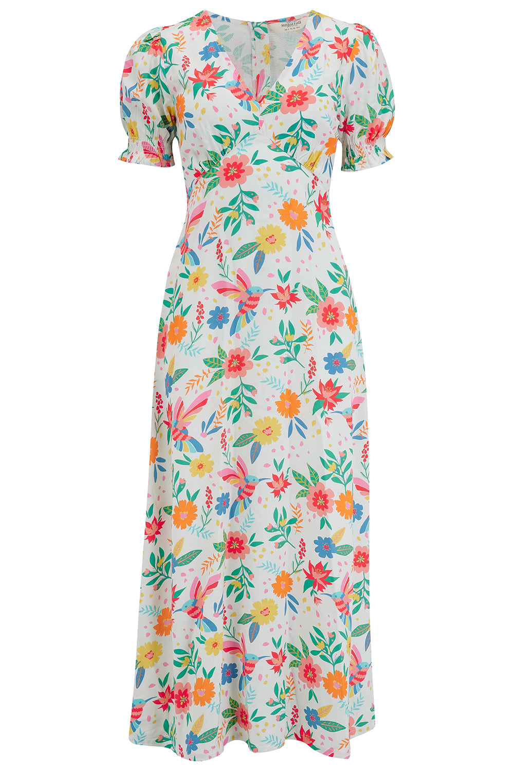 An off-white, floral-patterned midi dress with three-quarter sleeves and a V-neckline.