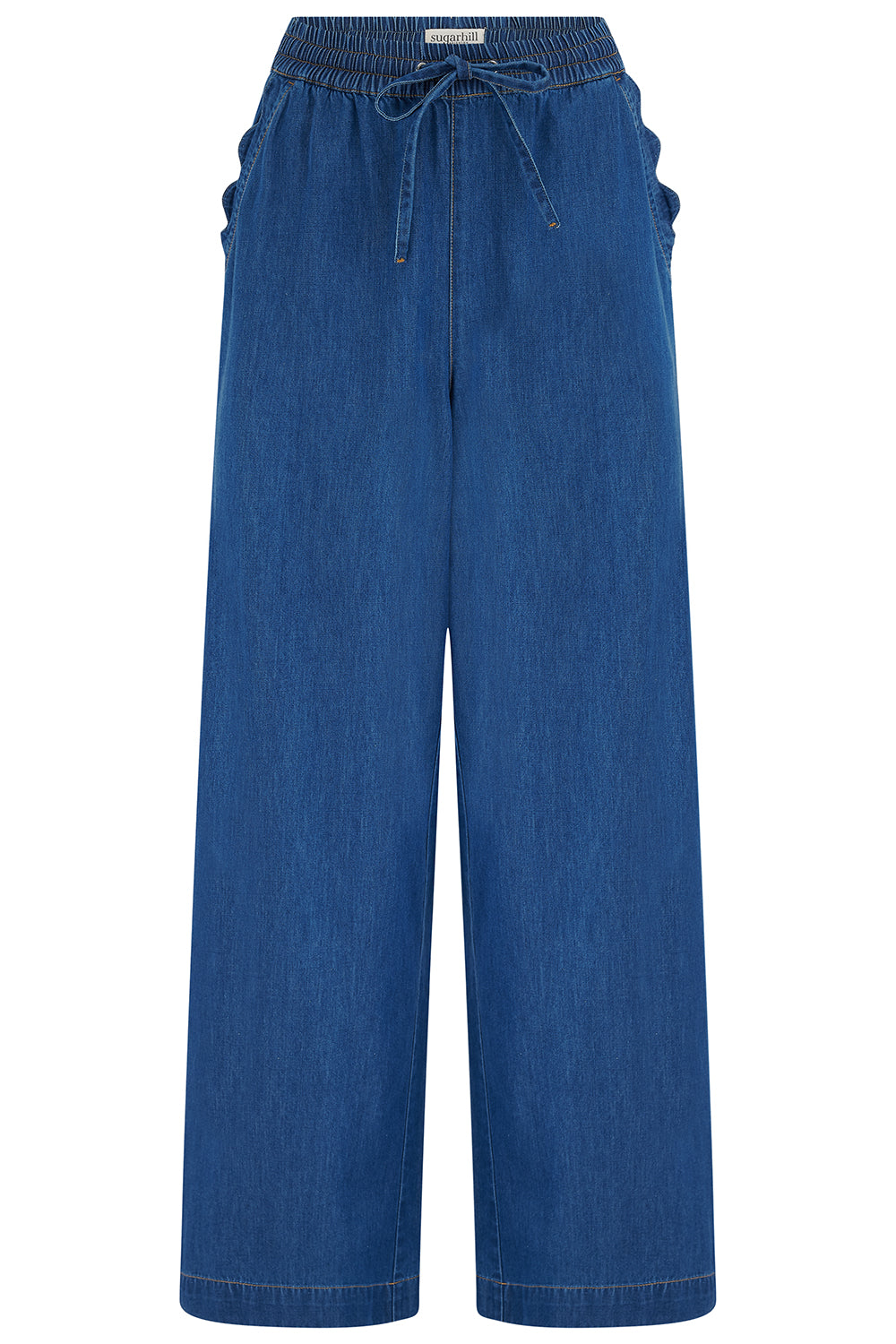 Blue denim pants with a drawstring waist on a white background