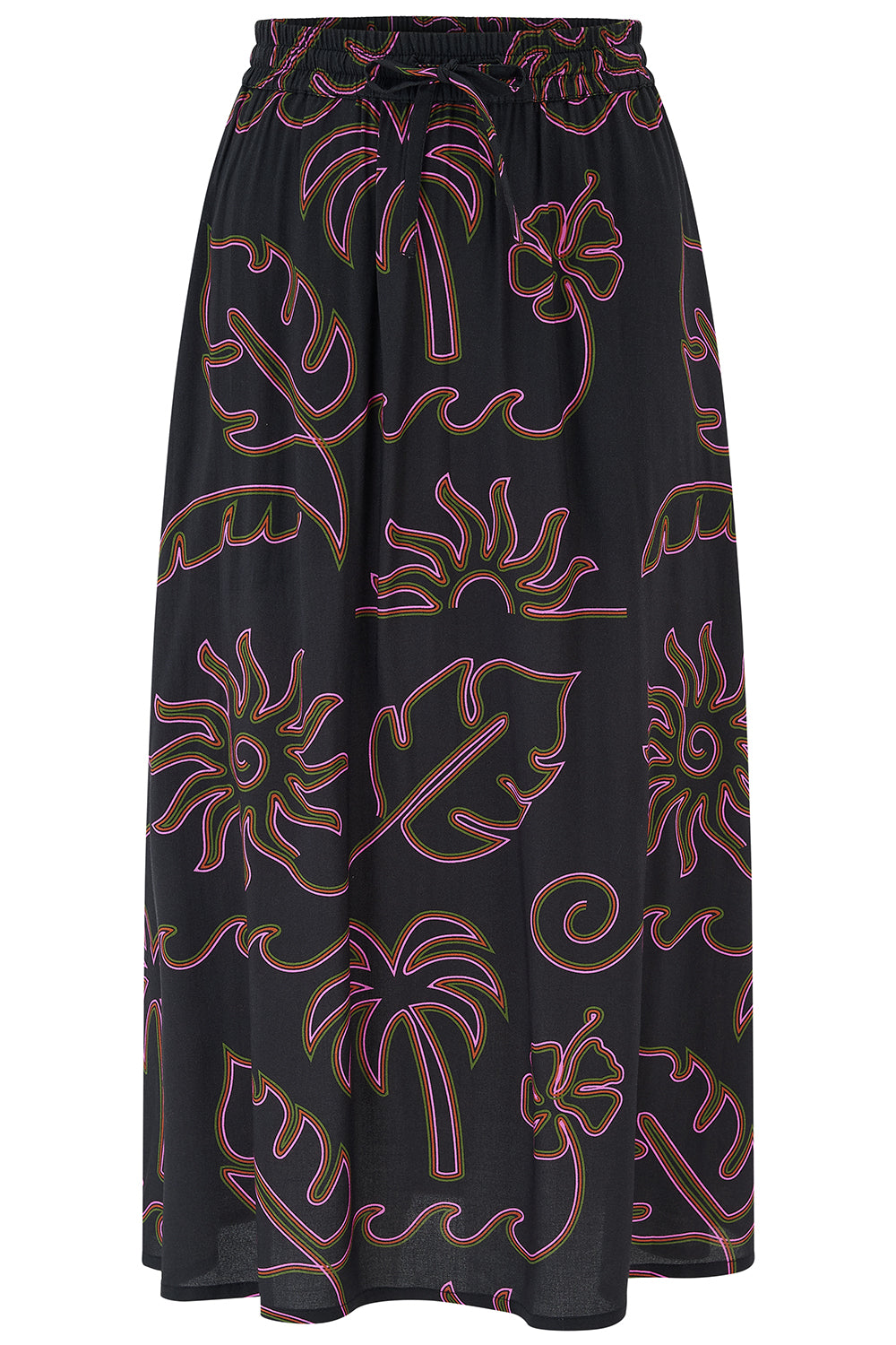 Black skirt with pink floral and leaf patterns on a white background