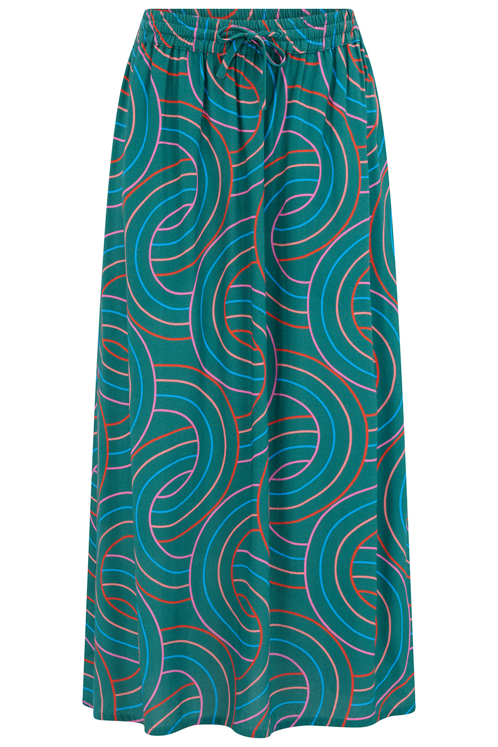 Long teal skirt with wavy pattern on a white background