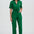 Woman wearing a green jumpsuit on a white background