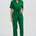 Woman wearing a green jumpsuit on a white background
