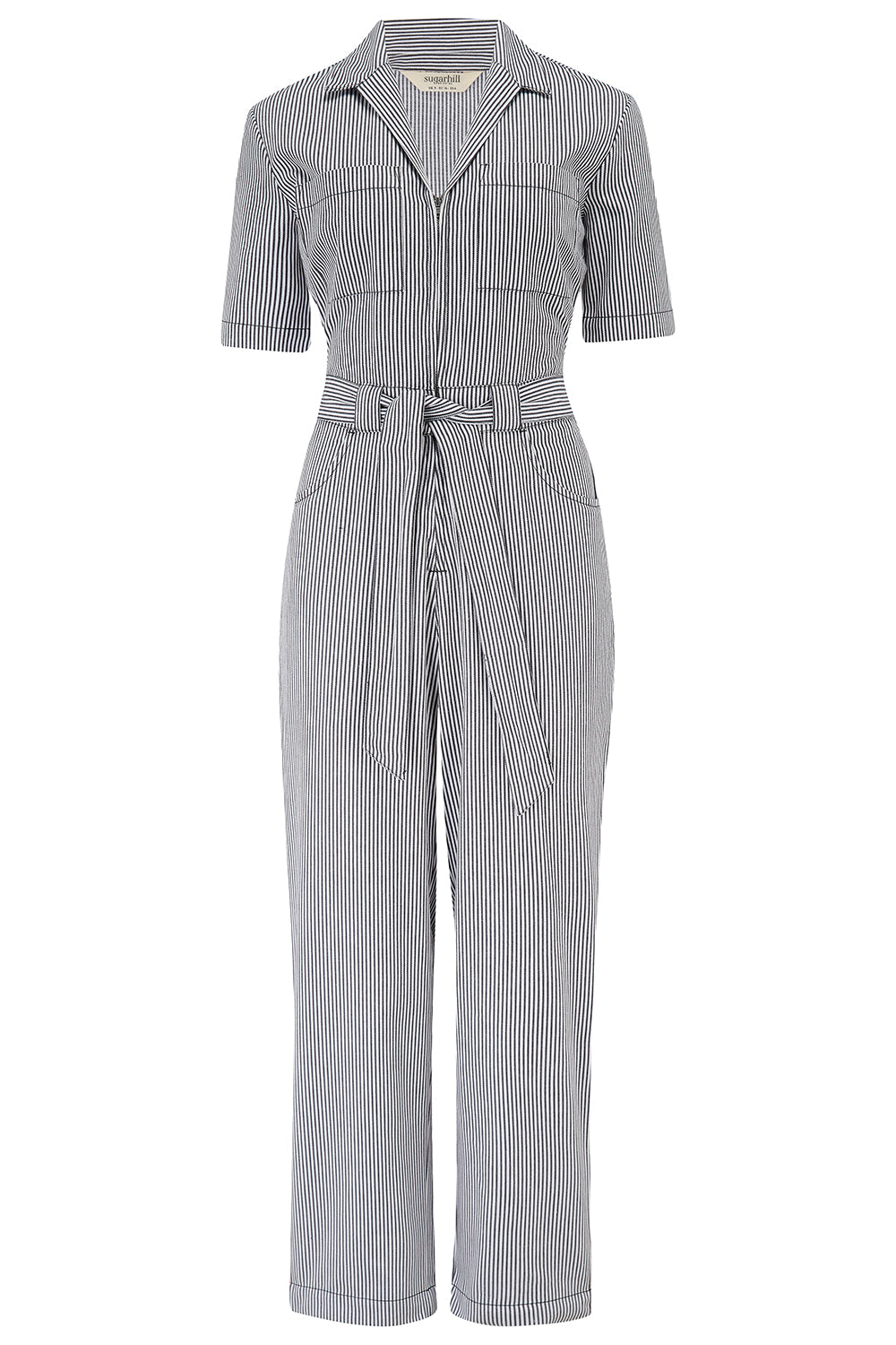 A monochrome striped boilersuit with a round neckline and short sleeves
