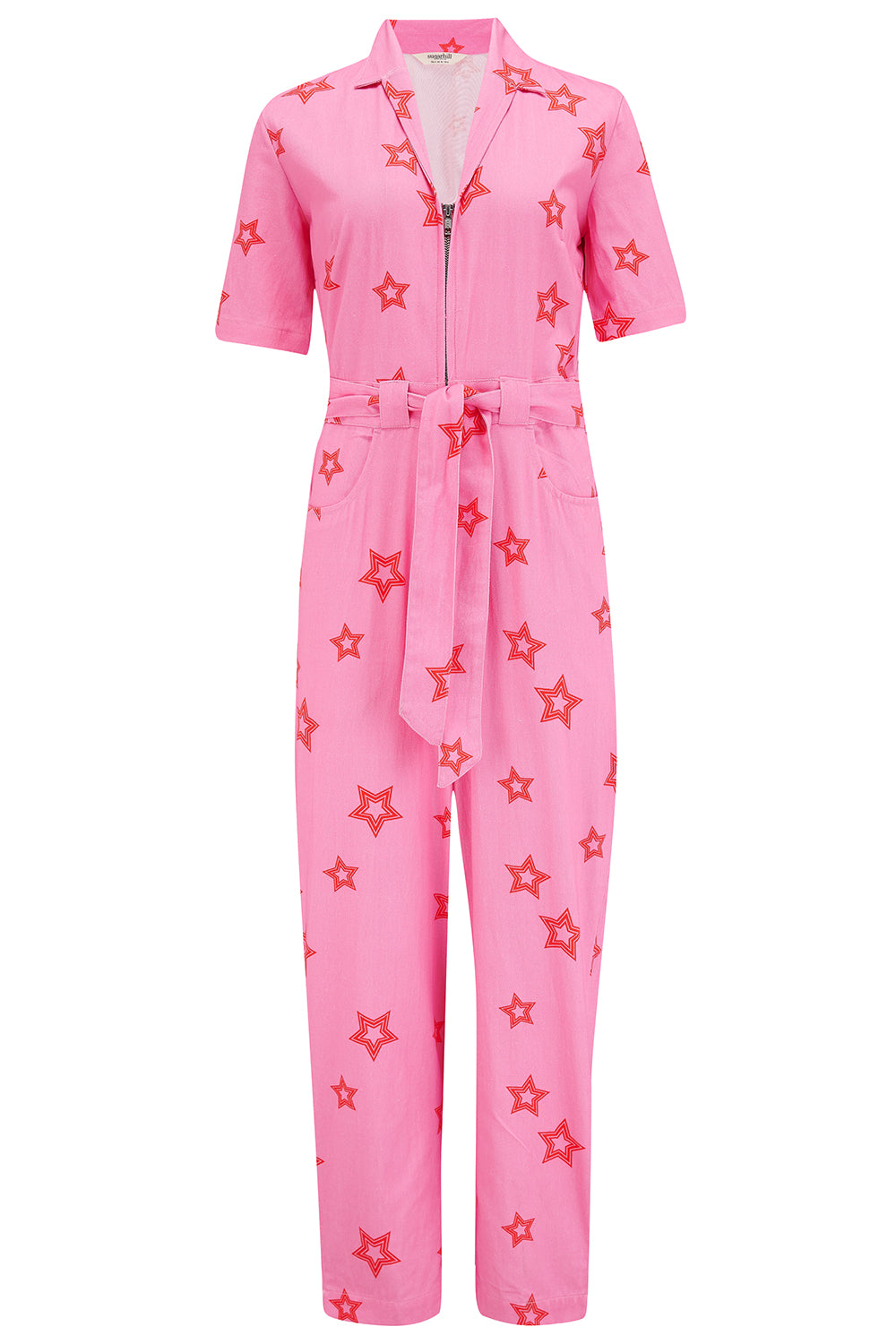 A short-sleeved pink boilersuit with a floral star pattern and a collar.
