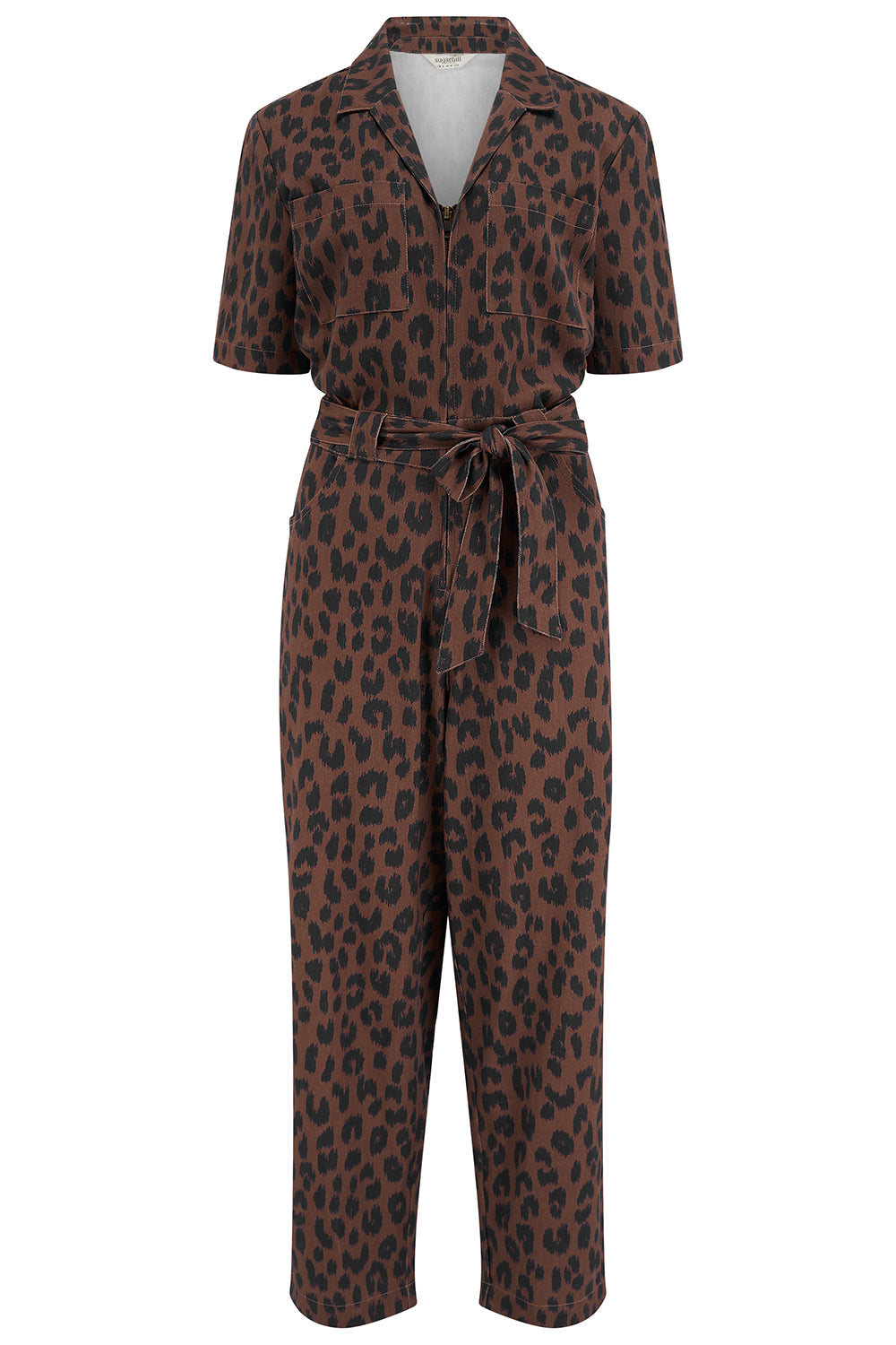 Brown leopard print jumpsuit on a white background