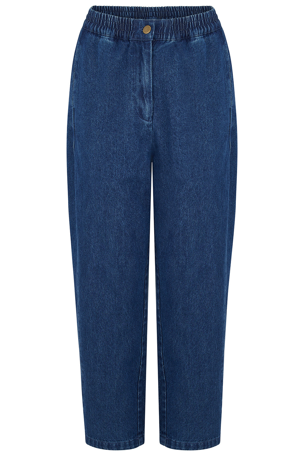 A pair of dark blue denim cropped pants with an elastic waistband and a single button closure, shown against a plain white background.