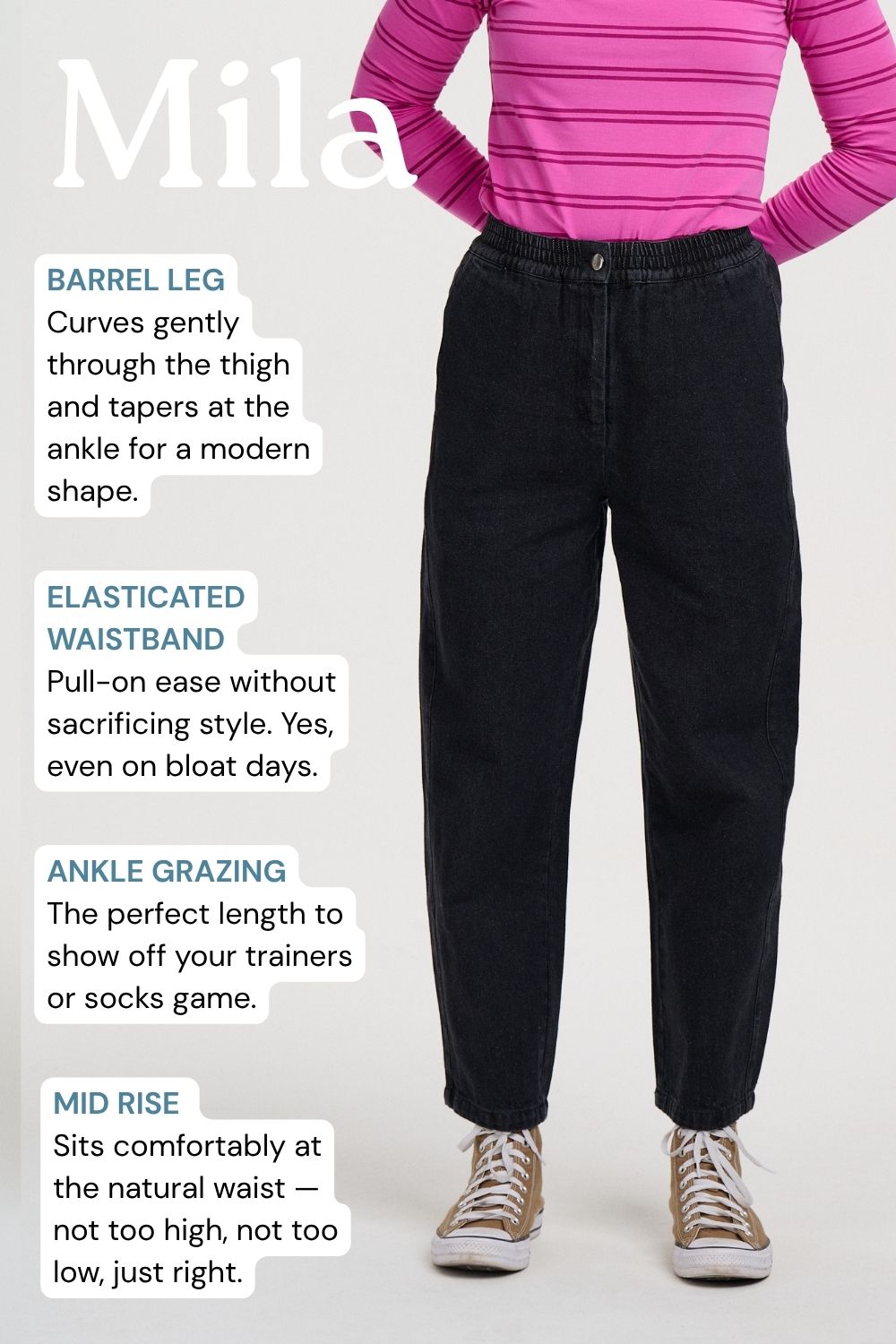 A model from the waist down wearing black barrel-leg jeans, with text callouts describing the fit and features on a light gray background.