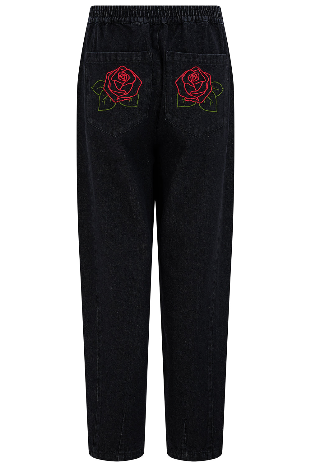 Black pants with embroidered roses on a white background