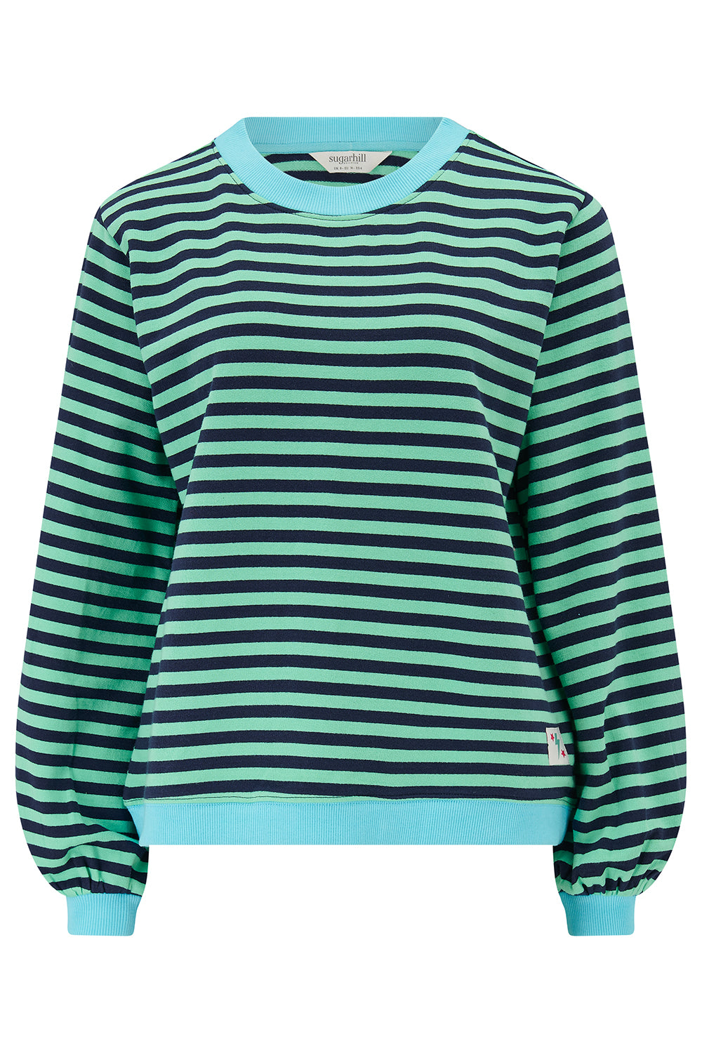 Sugarhill Brighton green and blue striped sweater on a white background