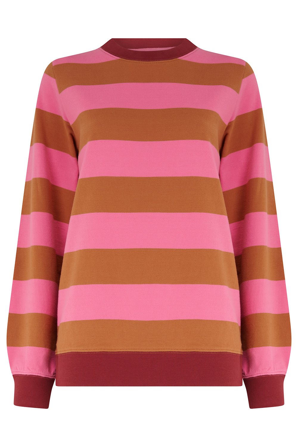 Striped sweater with pink and brown horizontal stripes on a white background