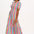 A model wearing a midi length tiered dress with a multicolored geometric pattern.