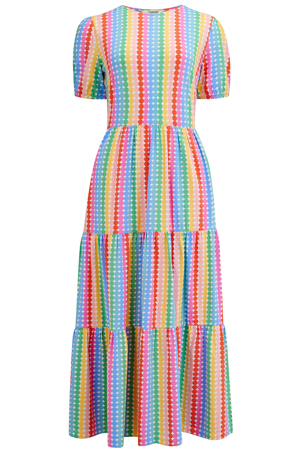 A midi length tiered dress with a multicolored geometric pattern.