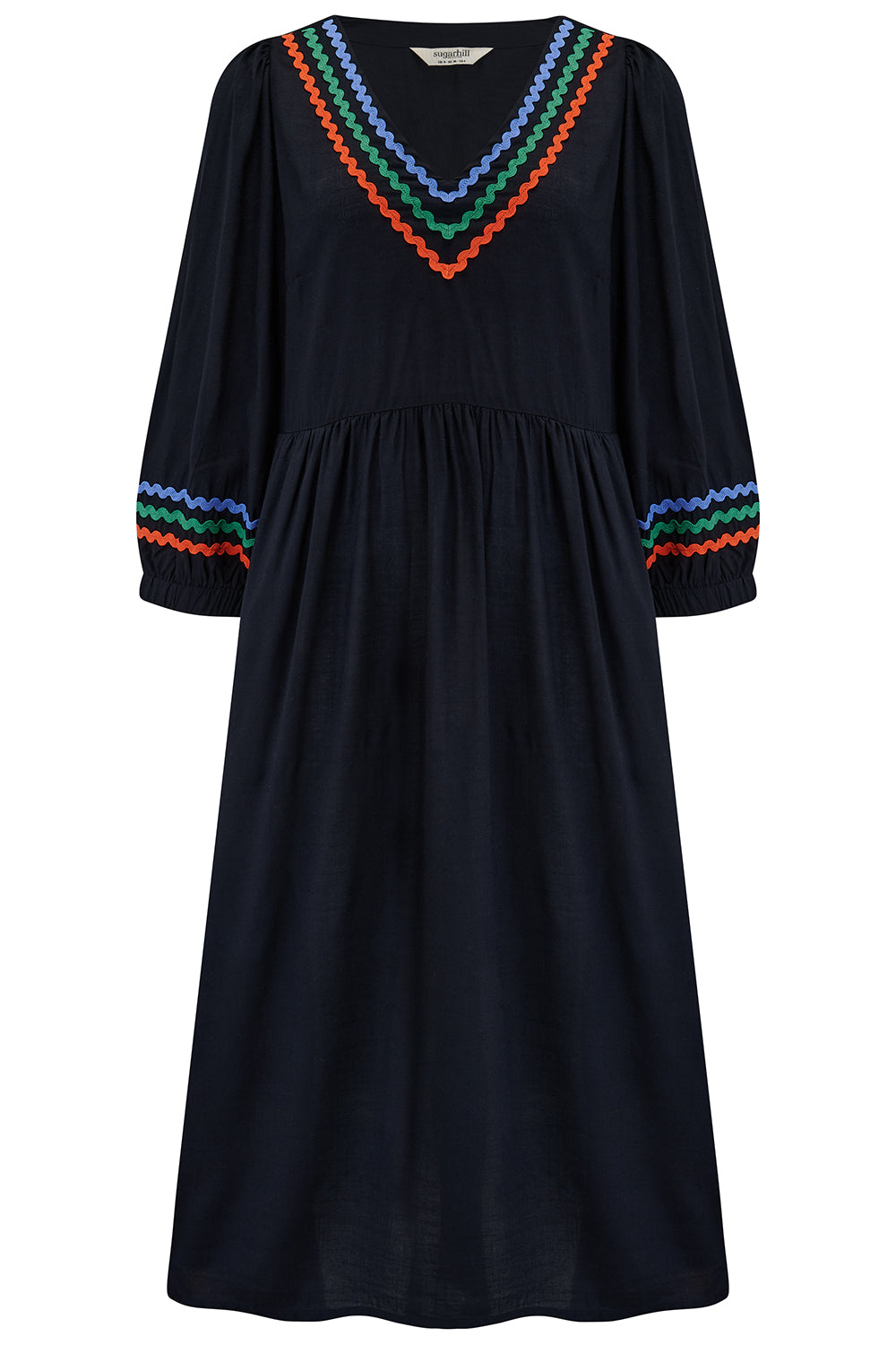 A navy blue dress with a colorful striped pattern on the hem, featuring a V-neckline and 3/4 sleeves.