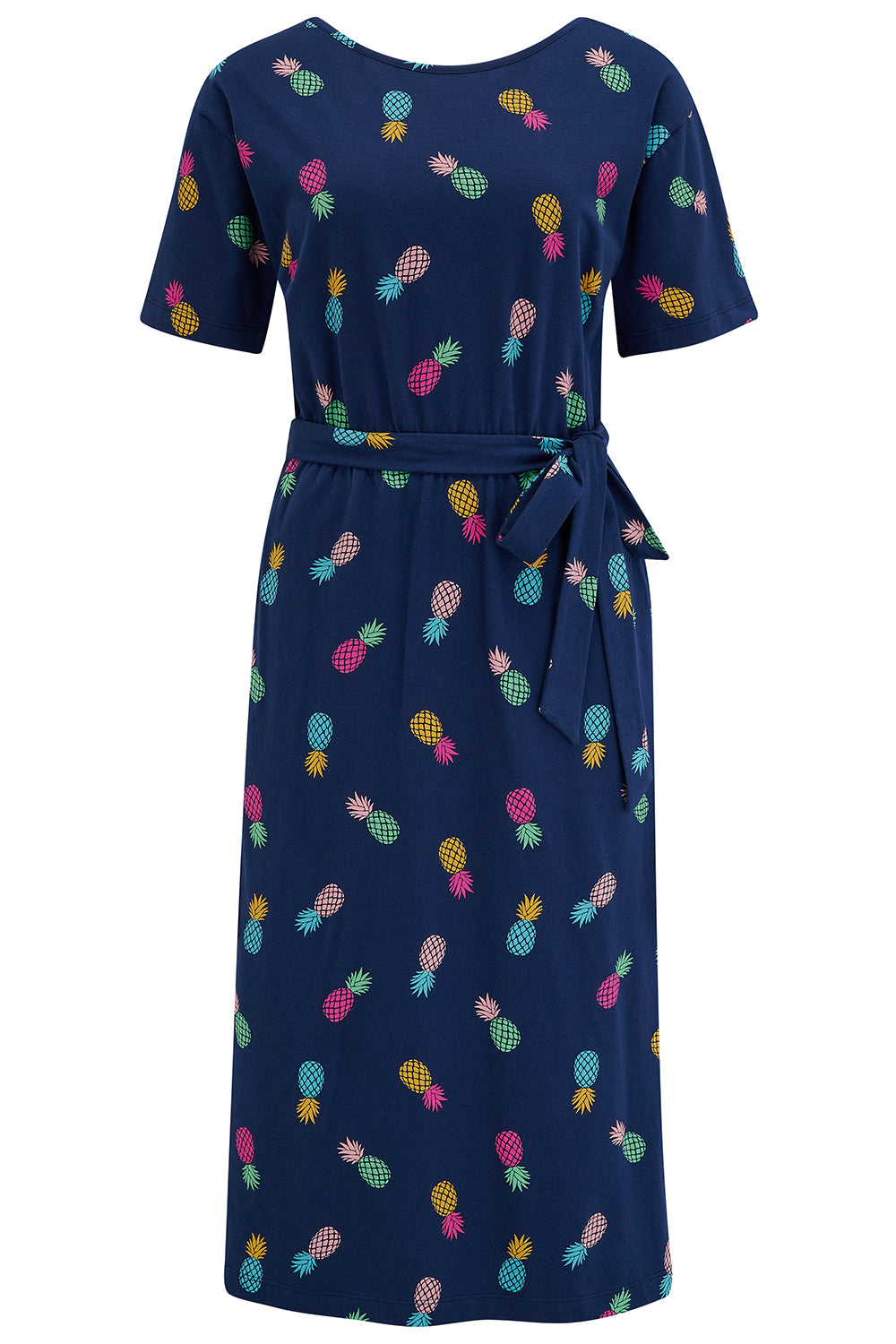 A navy dress with a rainbow pineapple pattern, featuring a round neckline and a belted waist.