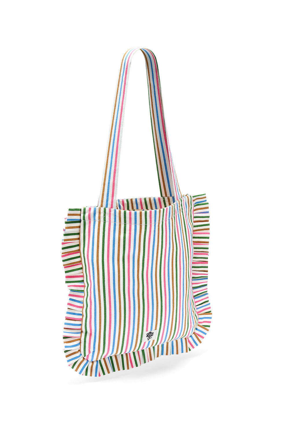 Multicolored striped tote bag on a white background