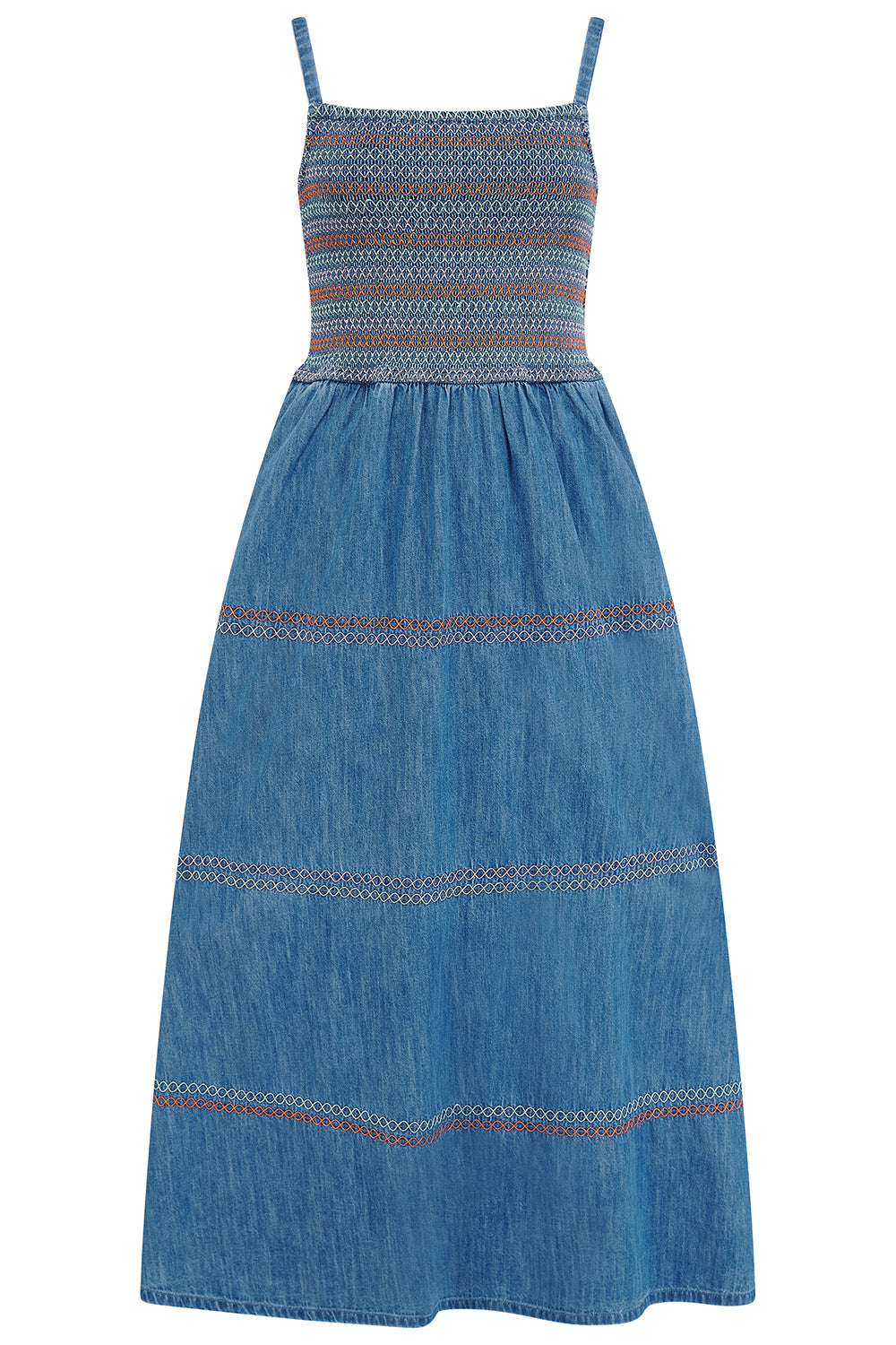 Blue dress with patterned top and denim skirt on a white background