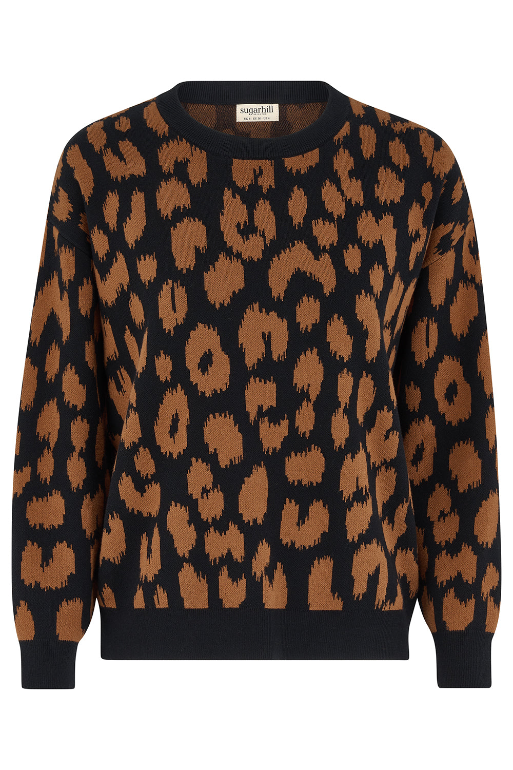 A crewneck sweatshirt featuring a brown and black leopard print pattern, with solid black ribbed cuffs, collar, and hem, shown against a plain white background.